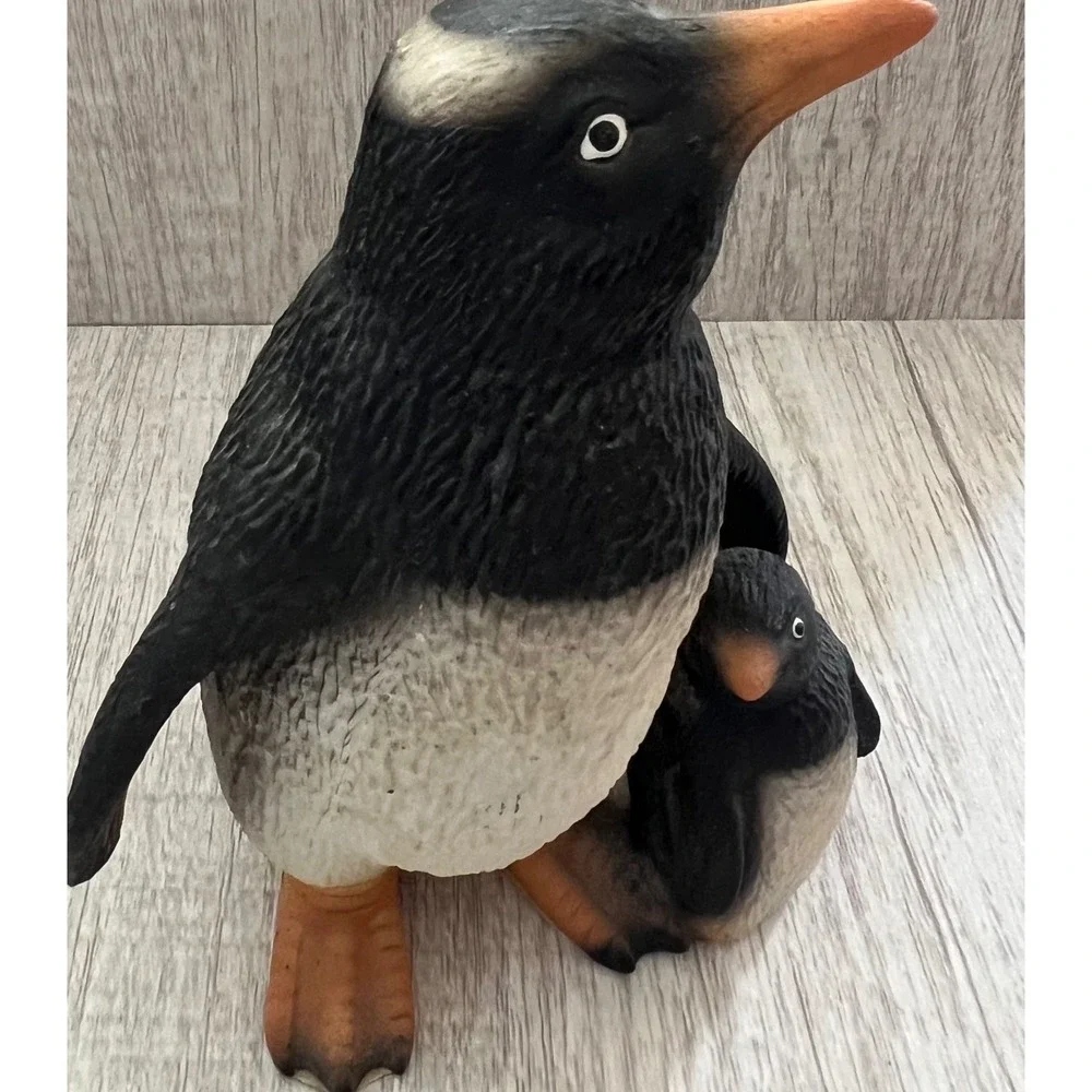 Vintage Penguin with Chick Figurine Realistic Textured Bird Decor Collectible